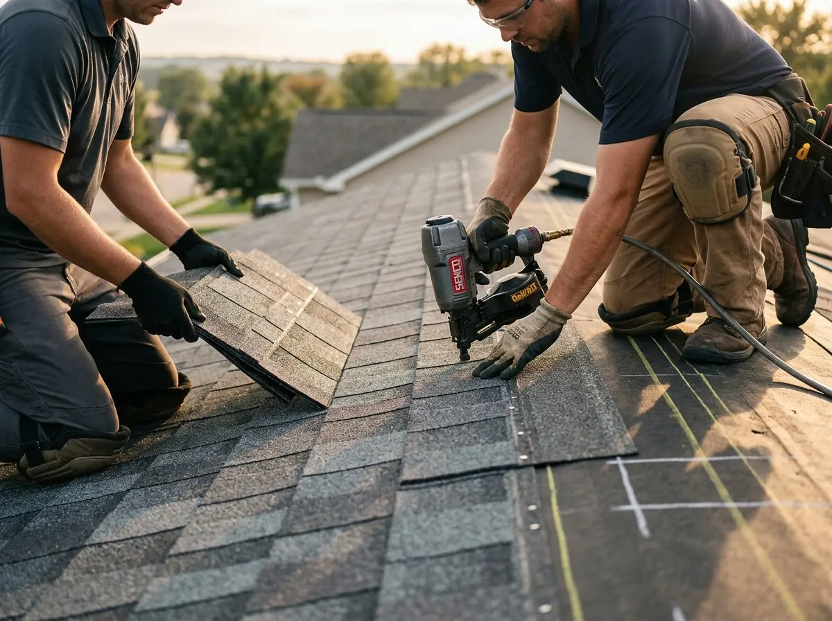 Professional roofer working on a residential roof in Wayland